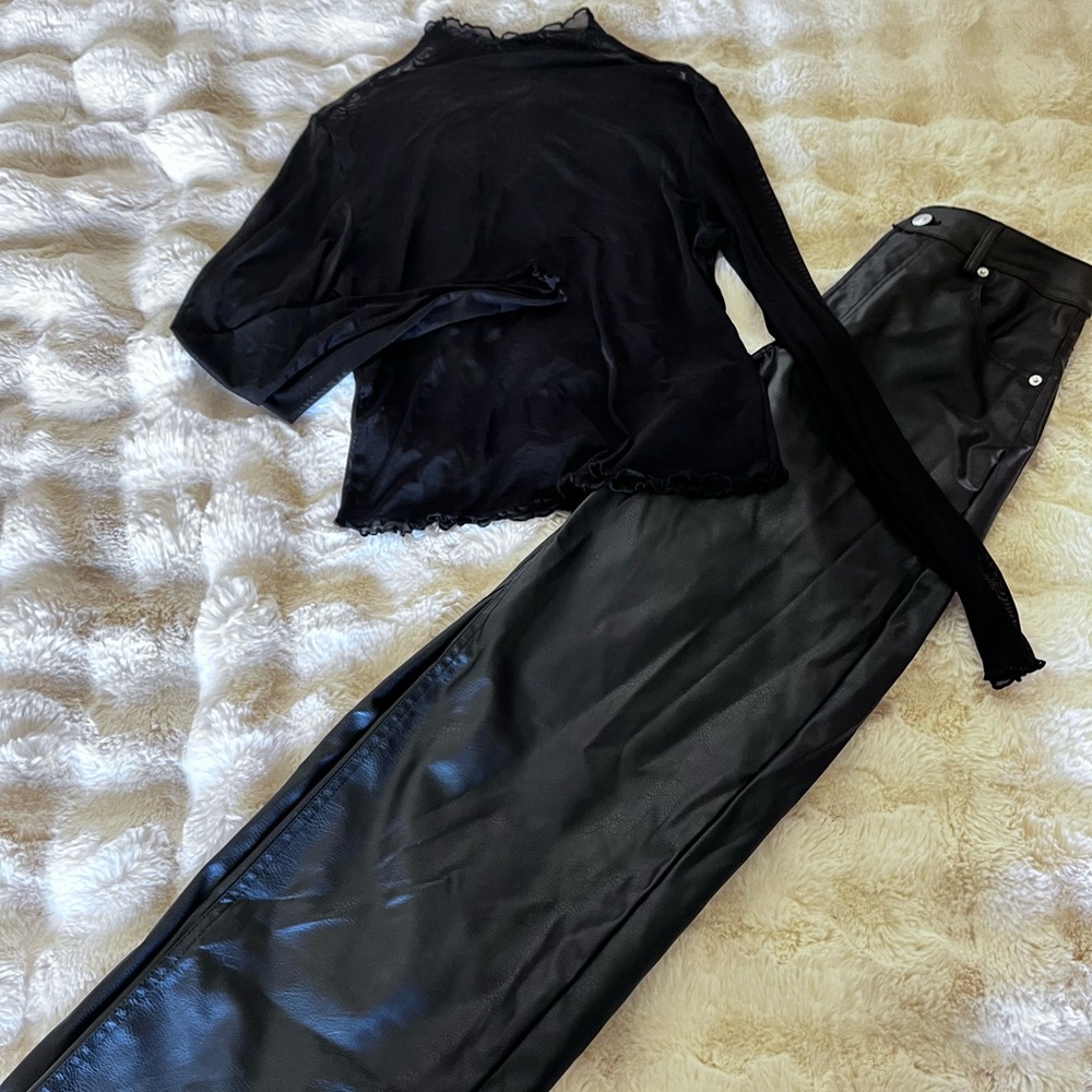 Black leather pants and sheer black shirt set
